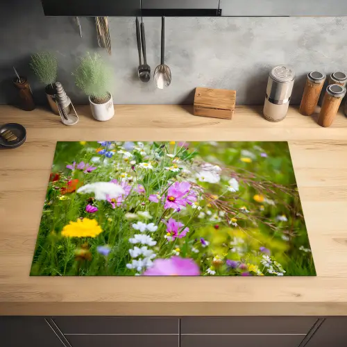 Bloemen - Natuur - Groen - Gras - Paars - Wit Inductie beschermer vinyl 3mm klein -sfeer5