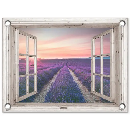 Doorkijk - Lavendel - Bloemen - Hout - Zonsondergang - Paars tuinposter los doek klein -3d