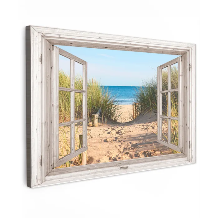 Doorkijk - Strand - Zee - Duinen - Zand - Water - Helmgras Tuinposter op houten frame 2 cm dik klein -3d
