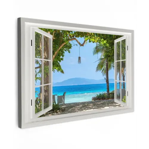 Doorkijk - Boom - Zee - Palmboom - Heuvels - Strand - Blauw Tuinposter op houten frame 2 cm dik klein -3d