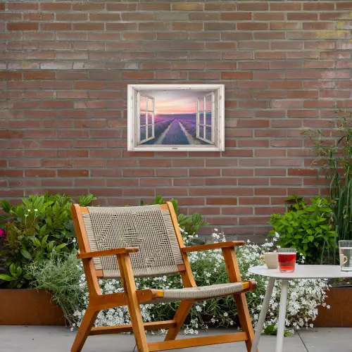 Doorkijk - Lavendel - Bloemen - Hout - Zonsondergang - Paars Tuinposter op houten frame 2 cm dik klein -sfeer3