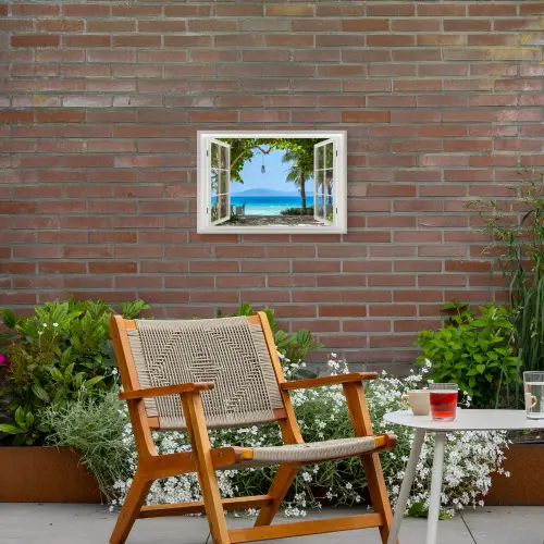Doorkijk - Boom - Zee - Palmboom - Heuvels - Strand - Blauw Tuinposter op houten frame 2 cm dik klein -sfeer3