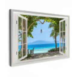 Doorkijk - Boom - Zee - Palmboom - Heuvels - Strand - Blauw Tuinposter op houten frame 2 cm dik klein -3d