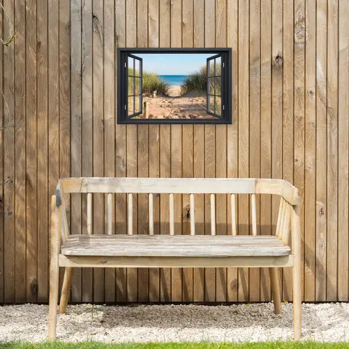 Doorkijk - Strand - Zee - Zand - Water - Helmgras - Duinen Tuinposter op houten frame 2 cm dik klein -sfeer4