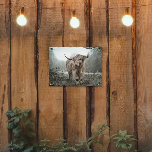 Schotse Hooglander - Bos - Mist - Koe - Dieren - Natuur tuinposter los doek klein -sfeer1