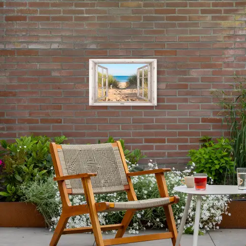 Doorkijk - Strand - Zee - Duinen - Zand - Water - Helmgras Tuinposter op houten frame 2 cm dik klein -sfeer3