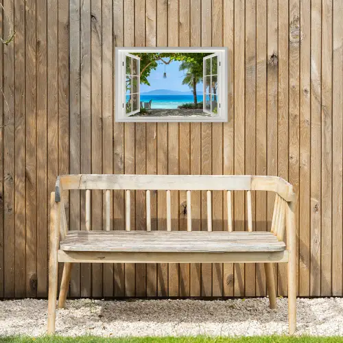 Doorkijk - Boom - Zee - Palmboom - Heuvels - Strand - Blauw Tuinposter op houten frame 2 cm dik klein -sfeer4