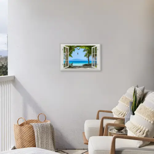 Doorkijk - Boom - Zee - Palmboom - Heuvels - Strand - Blauw Tuinposter op houten frame 2 cm dik klein -sfeer1
