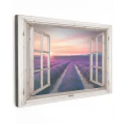 Doorkijk - Lavendel - Bloemen - Hout - Zonsondergang - Paars Tuinposter op houten frame 2 cm dik klein -3d