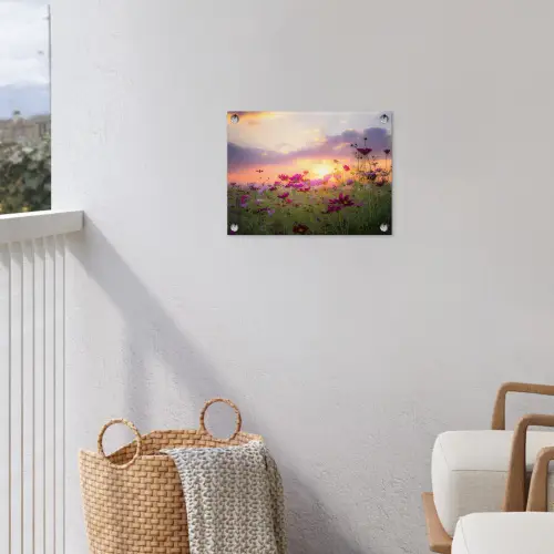 Bloemen - Roze - Zonsondergang - Natuur - Weide - Horizon tuinposter los doek klein -sfeer8