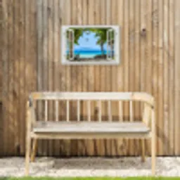 Doorkijk - Boom - Zee - Palmboom - Heuvels - Strand - Blauw Tuinposter op houten frame 2 cm dik klein -sfeer4