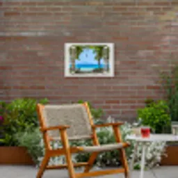 Doorkijk - Boom - Zee - Palmboom - Heuvels - Strand - Blauw Tuinposter op houten frame 2 cm dik klein -sfeer3