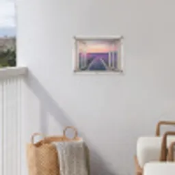 Doorkijk - Lavendel - Bloemen - Hout - Zonsondergang - Paars tuinposter los doek klein -sfeer8