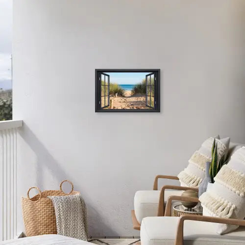 Doorkijk - Strand - Zee - Zand - Water - Helmgras - Duinen Tuinposter op houten frame 2 cm dik klein -sfeer1