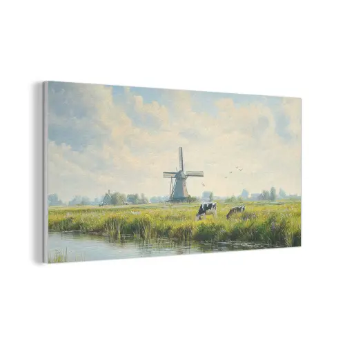 Koeien - Windmolen - Weide - Blauw PET vilt middel -3d