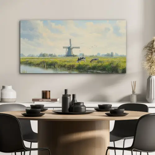 Koeien - Windmolen - Weide - Blauw PET vilt middel -sfeer1