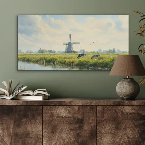 Koeien - Windmolen - Weide - Blauw PET vilt middel -sfeer2