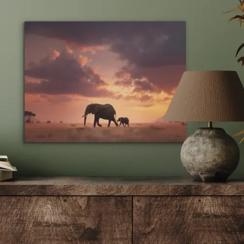 Olifanten - Grasland - Zonsondergang PET vilt klein -sfeer2