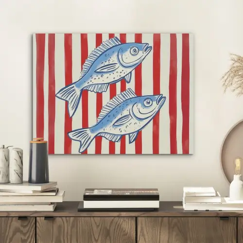 Vissen - Verticale strepen - Blauw - Rood PET vilt klein -sfeer1