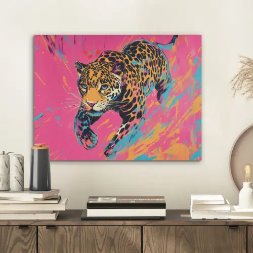 Luipaard - Roze - Oranje - Blauw - Verf PET vilt klein -sfeer1