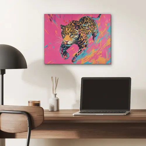 Luipaard - Roze - Oranje - Blauw - Verf PET vilt klein -sfeer5