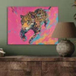 Luipaard - Roze - Oranje - Blauw - Verf PET vilt klein -sfeer2