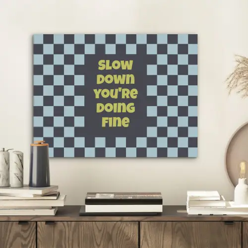Patroon - Geblok - Blauw - Slow down you're doing fine PET vilt klein -sfeer1