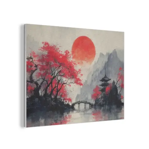 Rode zon - Rivier - brug - Bomen PET vilt klein -3d