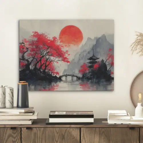 Rode zon - Rivier - brug - Bomen PET vilt klein -sfeer1