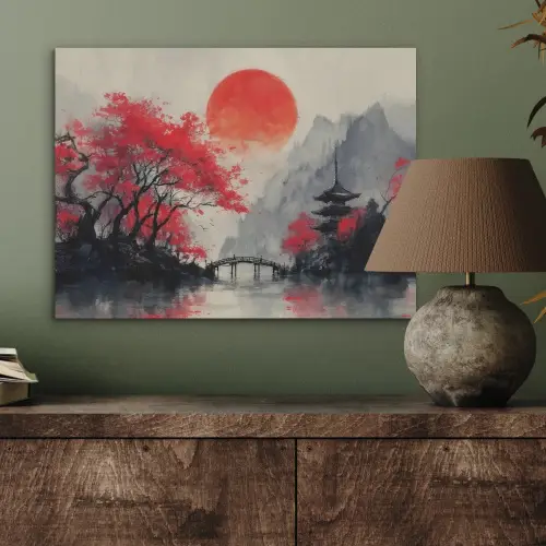 Rode zon - Rivier - brug - Bomen PET vilt klein -sfeer2