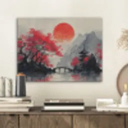 Rode zon - Rivier - brug - Bomen PET vilt klein -sfeer1