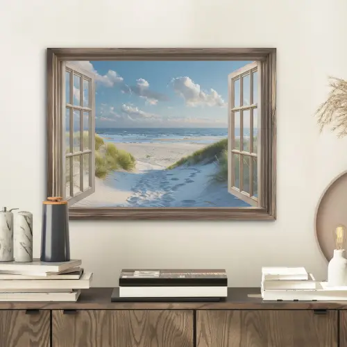Doorkijk - Strand - Raam - Duinen - Zee PET vilt klein -sfeer1