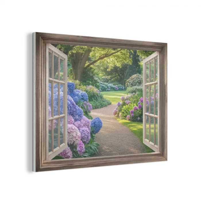 Doorkijk - Tuin - Raam - Hortensia - Bloemen PET vilt klein -3d