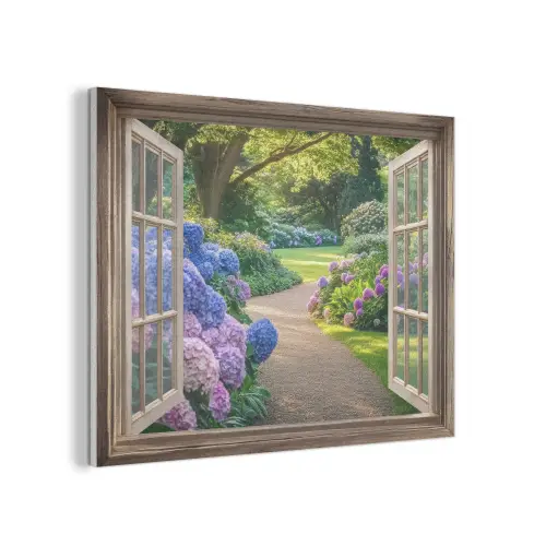 Doorkijk - Tuin - Raam - Hortensia - Bloemen PET vilt klein -3d