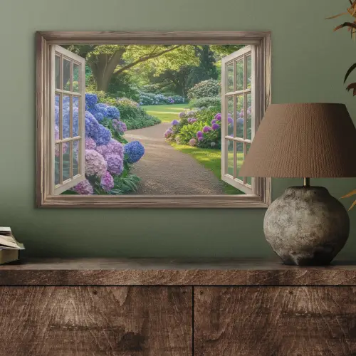Doorkijk - Tuin - Raam - Hortensia - Bloemen PET vilt klein -sfeer2