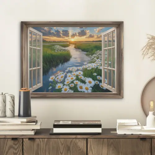Doorkijk - Landschap - Raam - Water - Zonsondergang PET vilt klein -sfeer1
