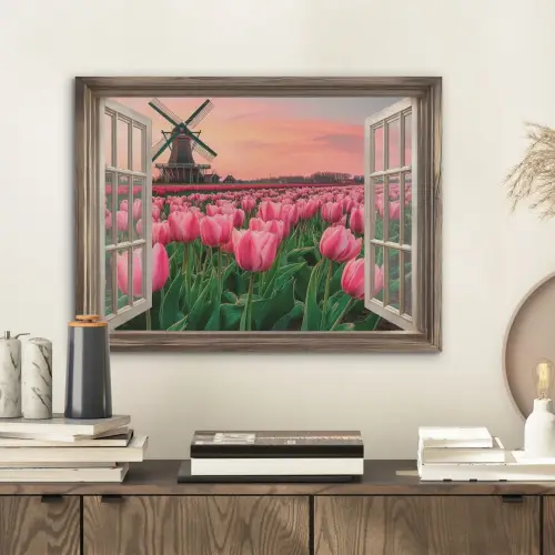 Doorkijk - Tulpen - Bloemen - Molen - Raam PET vilt klein -sfeer1