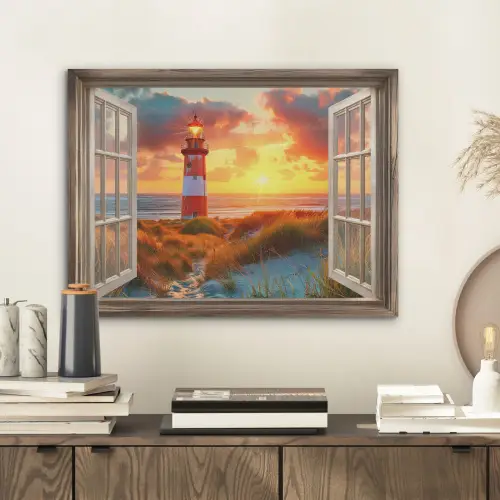 Doorkijk - Raam - Vuurtoren - Zonsondergang - Strand PET vilt klein -sfeer1