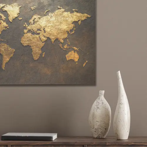Wereldkaart - Goud - Roest PET vilt klein -sfeer6_closeup