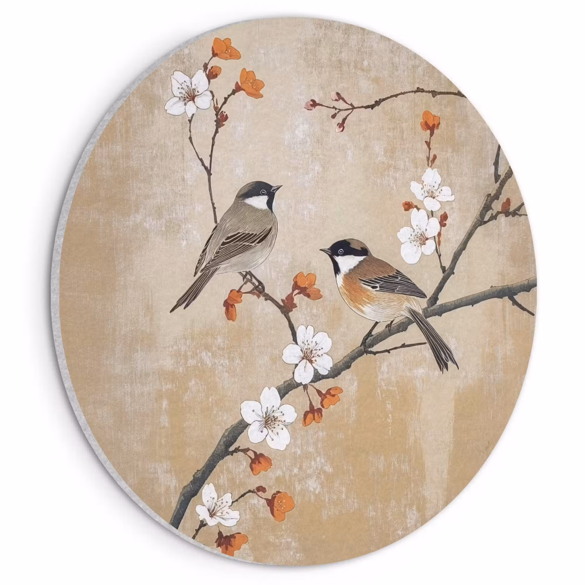 Acoustic painting round - Birds - Blossom branch - Flowers - Orange