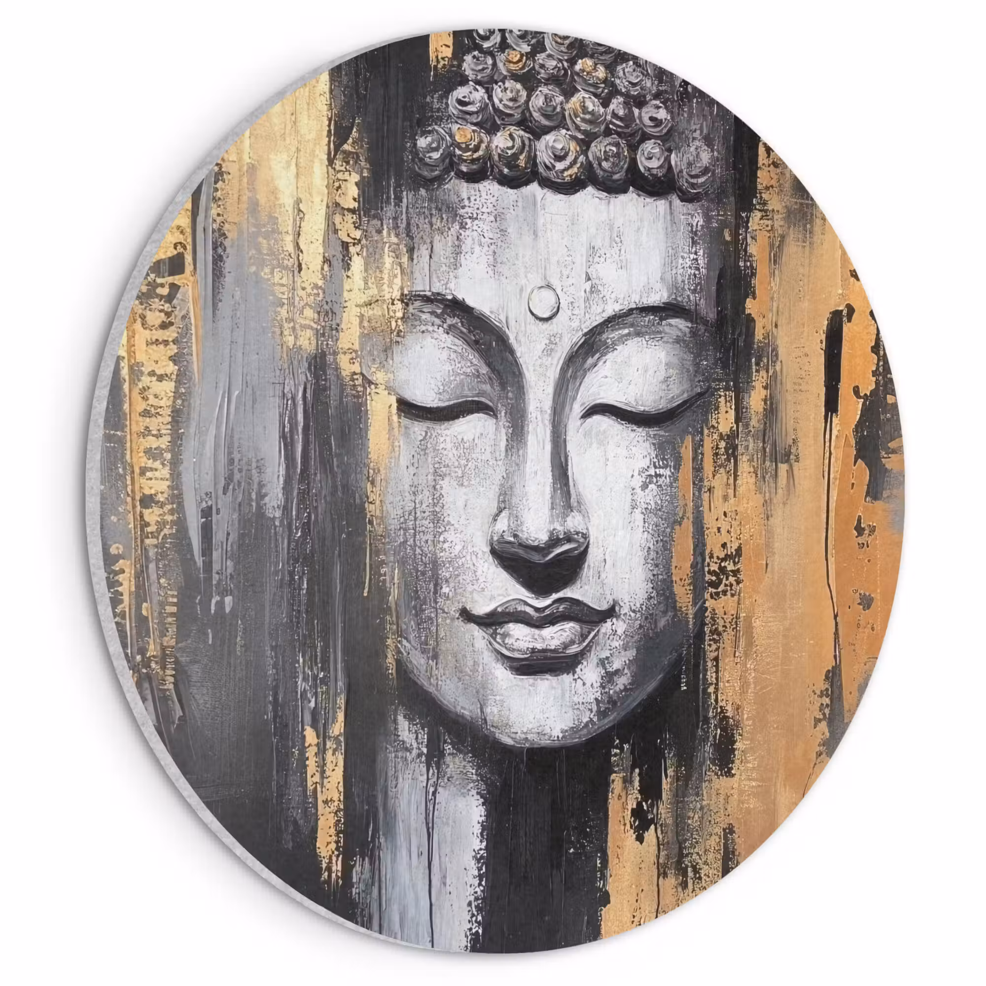 Acoustic painting round - Buddha - Brush strokes - Gold - Abstract