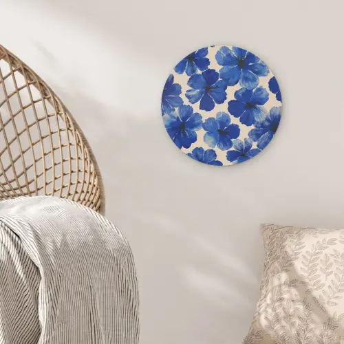 Bloemen - Blauw -Patroon - Wit Akoestische PET Vilt - Rond klein -sfeer4