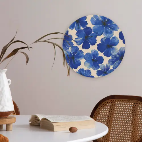 Bloemen - Blauw -Patroon - Wit Akoestische PET Vilt - Rond klein -sfeer3