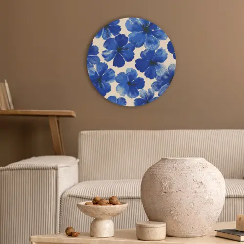 Bloemen - Blauw -Patroon - Wit Akoestische PET Vilt - Rond klein -sfeer1