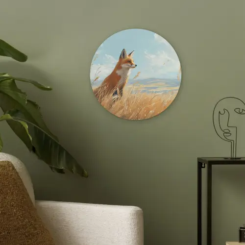 Vos - Gras - Wolken - Oranje Akoestische PET Vilt - Rond klein -sfeer2