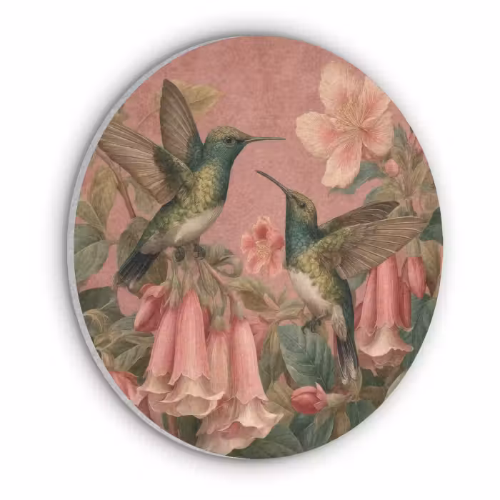 Acoustic painting round - Hummingbirds - Flowers - Green - Pink