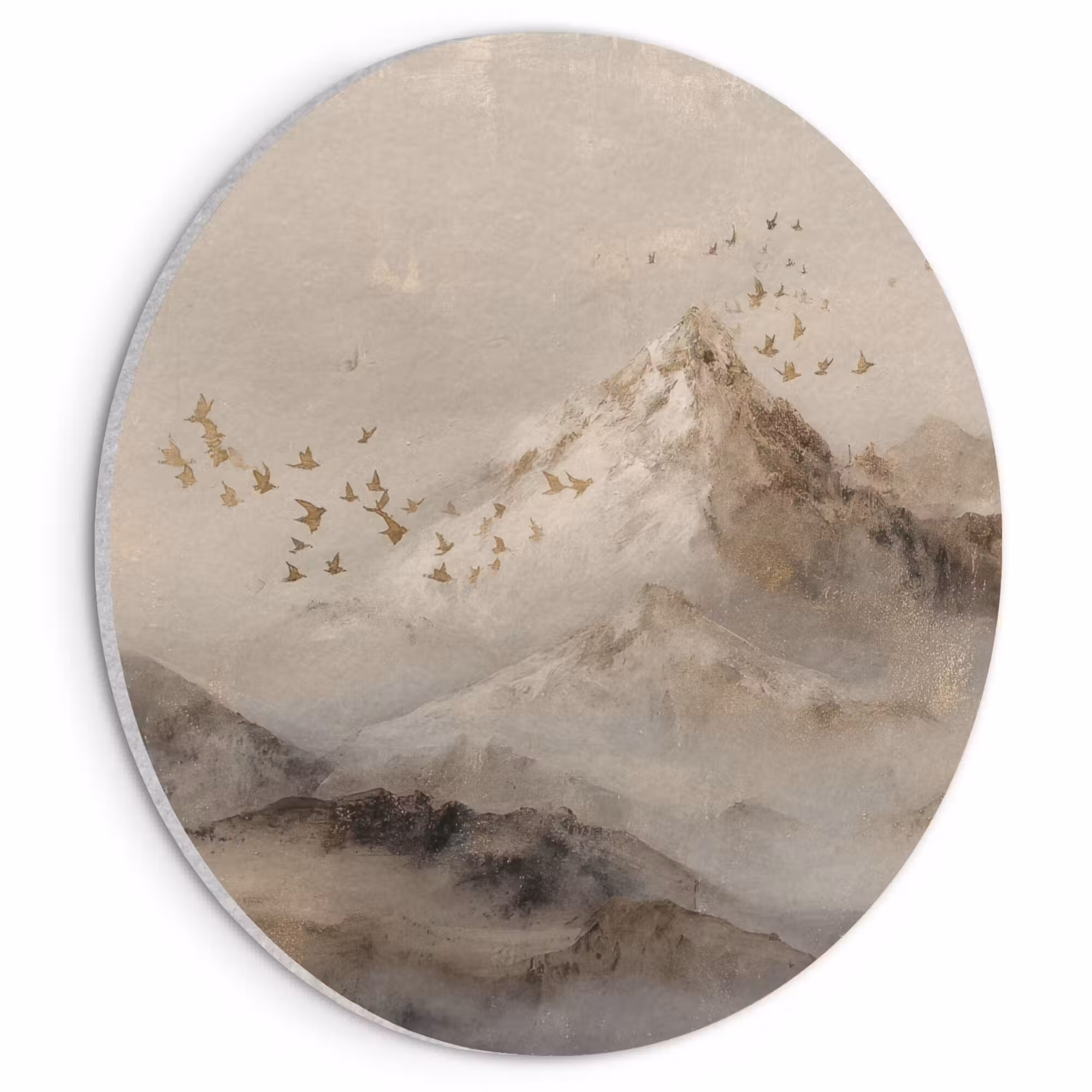 Acoustic painting round - Mountain landscape - Fog - Brush strokes