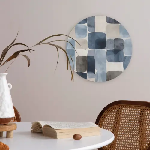 Patroon - Blauw - Vierkanten Akoestische PET Vilt - Rond klein -sfeer3