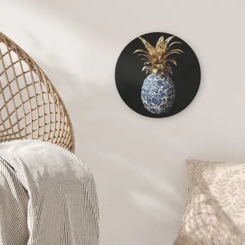 Ananas - Bloemen patroon - Goud - Delftsblauw Akoestische PET Vilt - Rond klein -sfeer4