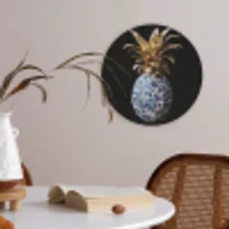 Ananas - Bloemen patroon - Goud - Delftsblauw Akoestische PET Vilt - Rond klein -sfeer3